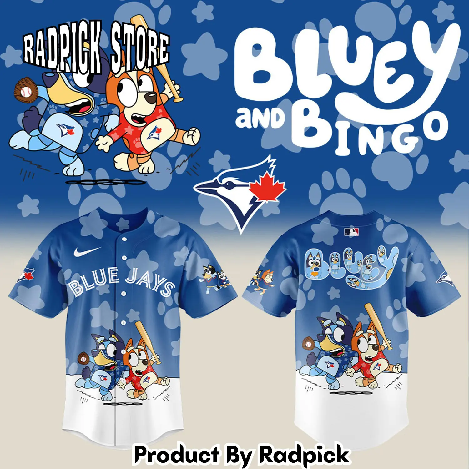 Radpick toronto blue jays x bluey and bingo baseball jersey rp12714
